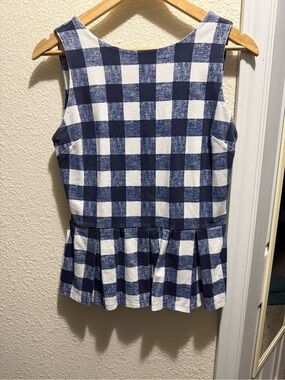 Duffield Lane Blue and White Gingham Print Fitted Peplum Preppy Shirt Top